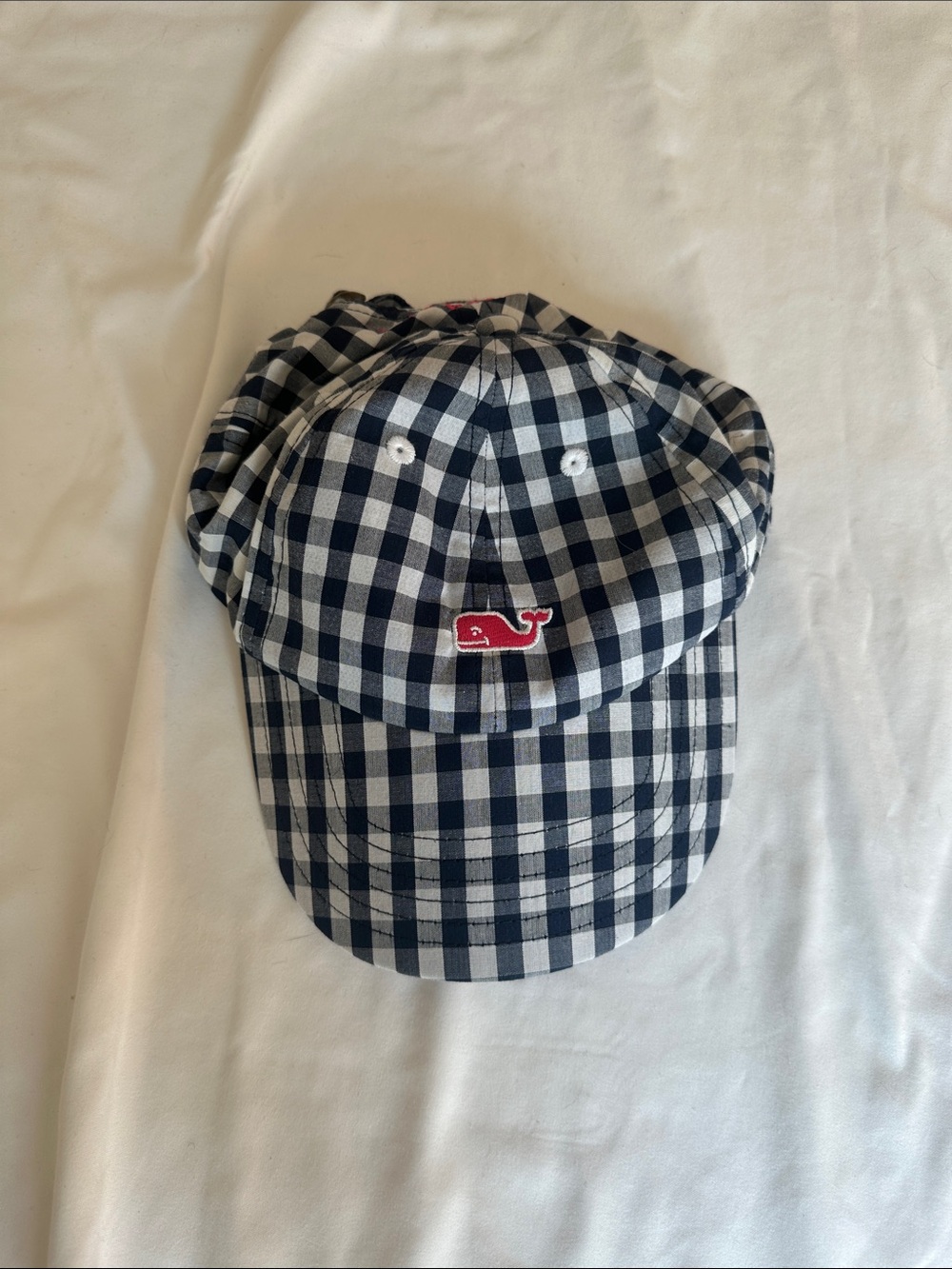 Vineyard Vines Navy & White Gingham Cap with Red Whale Patch
